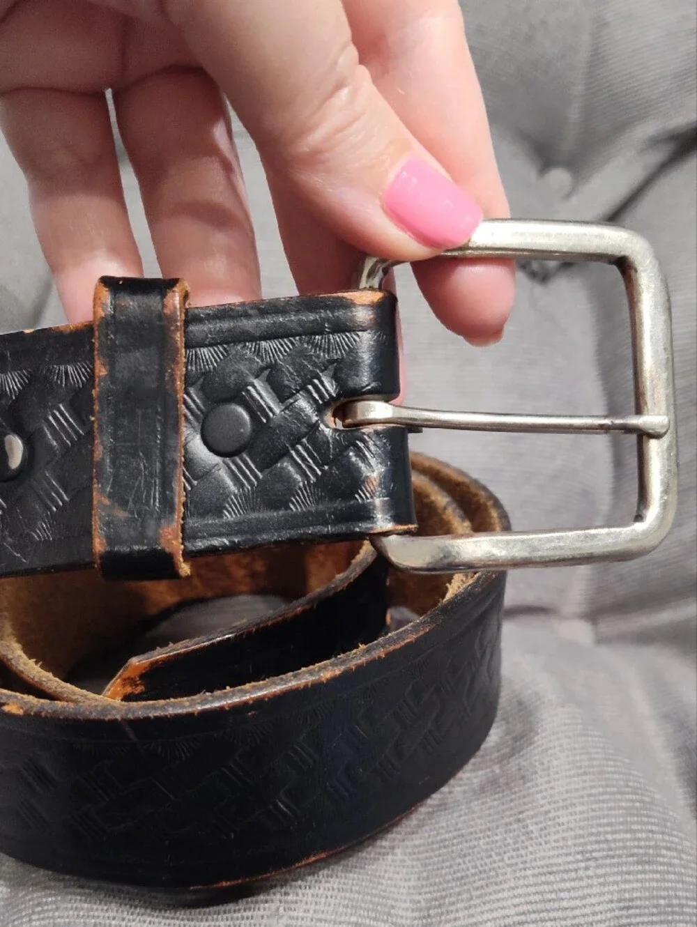 Vintage Black Basketweave Tooled Leather Work Belt Size 34